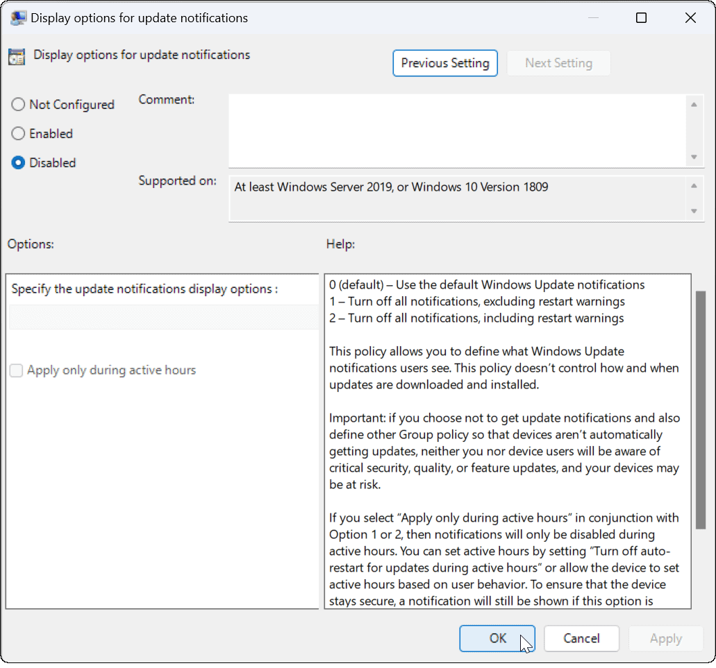 Dezactivați notificările de actualizare pe Windows 11