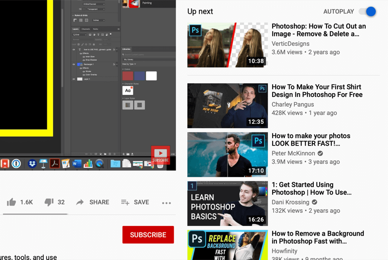 ecranul de vizionare a videoclipului YouTube care prezintă videoclipuri cu redare automată în partea dreaptă a ecranului, recomandat de YouTube în funcție de ceea ce este urmărit