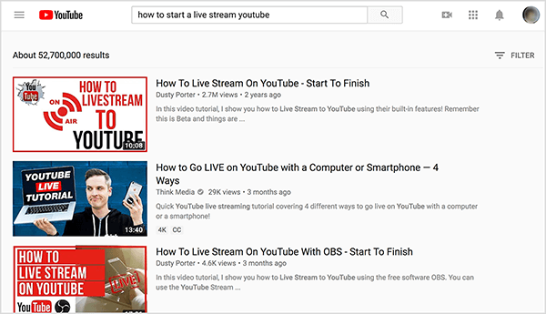 Căutați pe YouTube „cum să începeți un flux live pe YouTube”, iar rezultatele de căutare de sus arată două videoclipuri de Dusty Porter.
