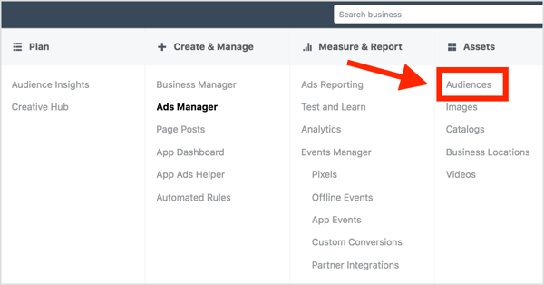 Deschideți Facebook Ads Manager și selectați Segmente de public.