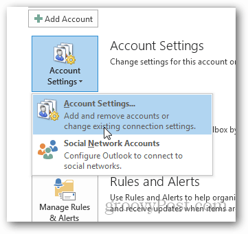 cum se creează fișierul pst pentru Outlook 2013 - faceți clic pe setările contului