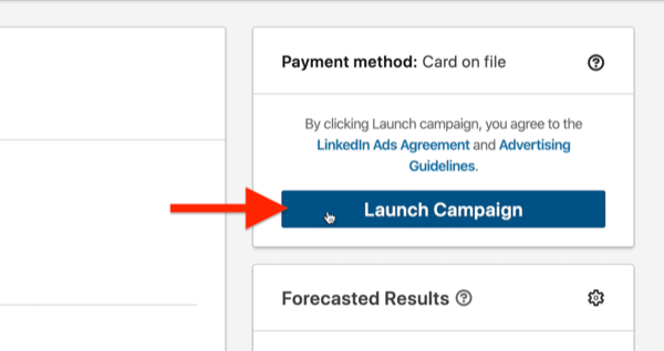 exemplu campanie publicitară linkedin evidențiată butonul de lansare a campaniei