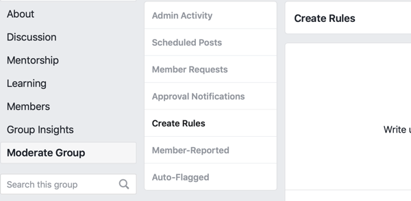 Cum să vă îmbunătățiți comunitatea de grup Facebook, opțiunea de meniu Facebook pentru a crea reguli pentru moderarea grupului dvs.
