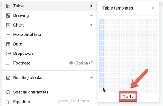 dimensiunea tabelului în Google Docs