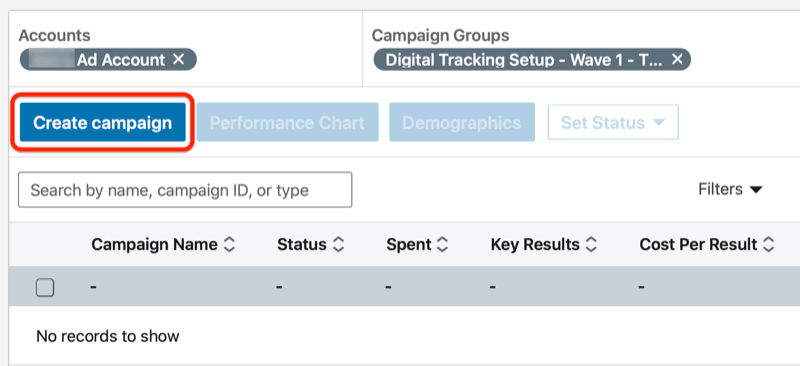 linkedin creați un buton de campanie sub grupul de campanii