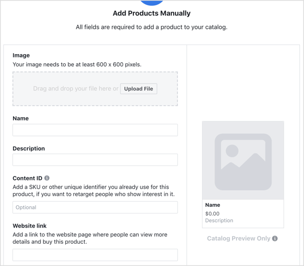 Introduceți detalii pentru a adăuga un produs în catalogul dvs. Facebook.