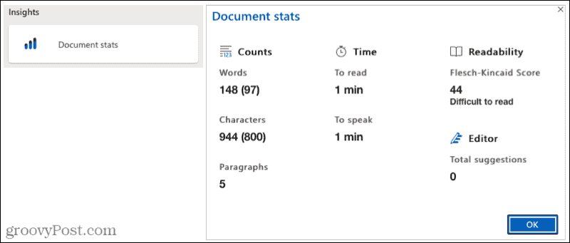 Statisticile documentelor Microsoft Editor