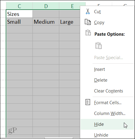Ascundeți comanda rapidă a coloanei în Excel pe Windows