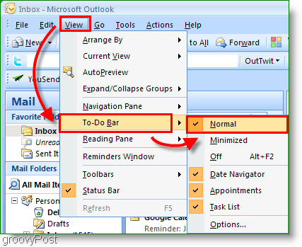 Bara de activități Outlook 2007 - Personalizați vizualizarea la normal