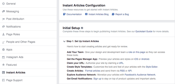 ecranul de configurare a articolelor instantanee de pe facebook