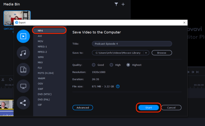 exportă fișierul video în Movavi Video Editor Plus