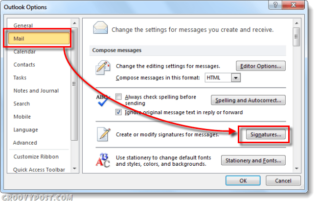 semnături de e-mail în opțiunile Outlook 2010