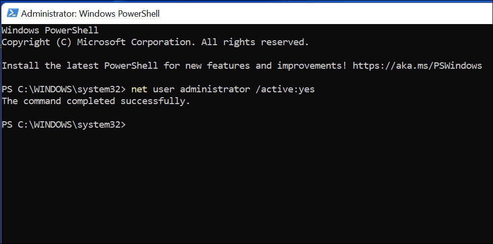 comandă pentru a activa contul de administrator pe Windows 11
