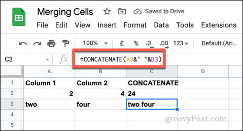 Un exemplu de formulă CONCATENATE în Foi de calcul Google folosind șiruri de text goale