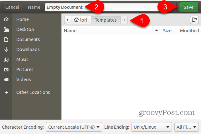 Salvați fișierul șablon document gol în folderul Șabloane din Ubuntu