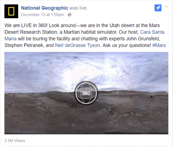 Facebook a lansat videoclipul Live 360 ​​săptămâna aceasta cu un raport National Geographic de la instalația Mars Desert Research Station din Utah.