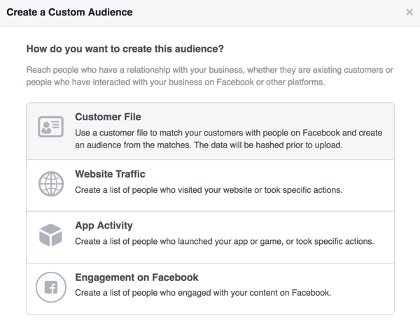 Selectați Fișier client pentru a crea publicul dvs. personalizat de Facebook al abonaților la buletinul informativ.