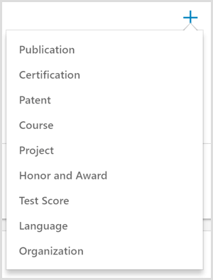 Opțiunile pentru adăugarea unei realizări la un profil LinkedIn