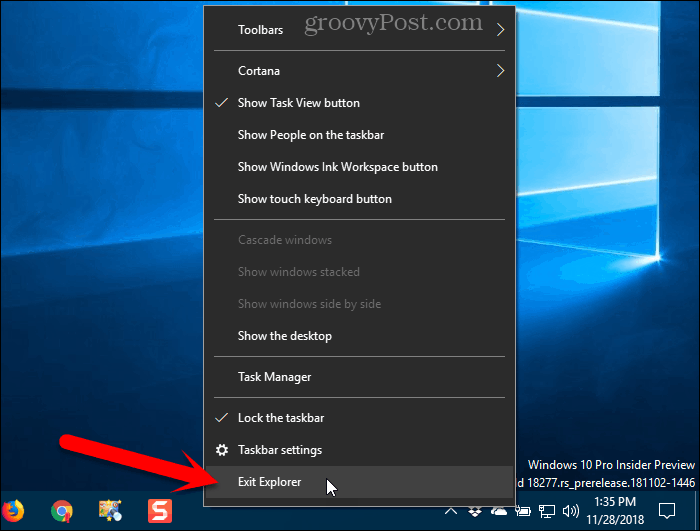 Selectați Exit Explorer din meniul contextual al barei de activități din Windows 10
