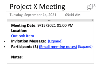 Detalii despre întâlnire în OneNote pe Mac