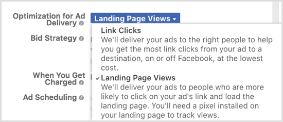 Optimizați difuzarea anunțurilor dvs. Facebook pentru vizualizările de pagină de destinație.