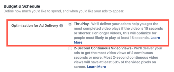 Optimizarea Facebook ThruPlay pentru reclame video, pasul 2.