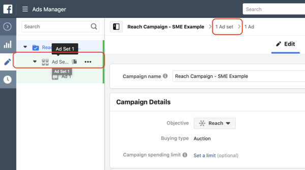 Cum să creați anunțuri cu acoperire Facebook, pasul 3, setări pentru a naviga la nivelul setului de anunțuri al campaniei dvs.