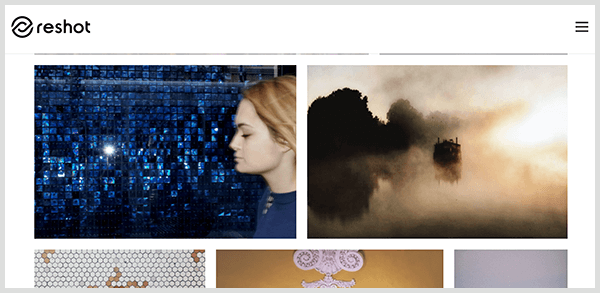 Reshot este un site de fotografii cu imagini curate. Captura de ecran a bibliotecii foto de pe site-ul Reshot include profilul unei femei albe cu părul blond în fața plăcii albastre irizate și un peisaj cețos cu copaci siluetați.