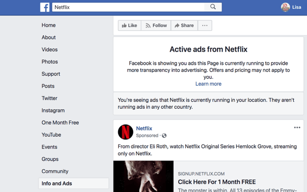 Fila Informații și anunțuri Facebook vă arată anunțurile difuzate de o pagină Facebook.