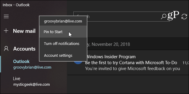 Puneți aplicația E-mail Windows 10 Start Mail