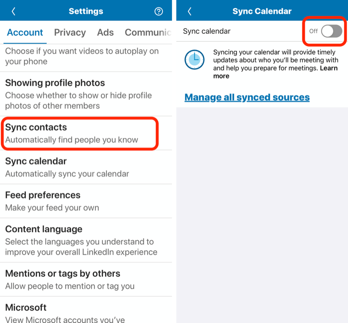 Sincronizați opțiunea Calendar în setările profilului LinkedIn