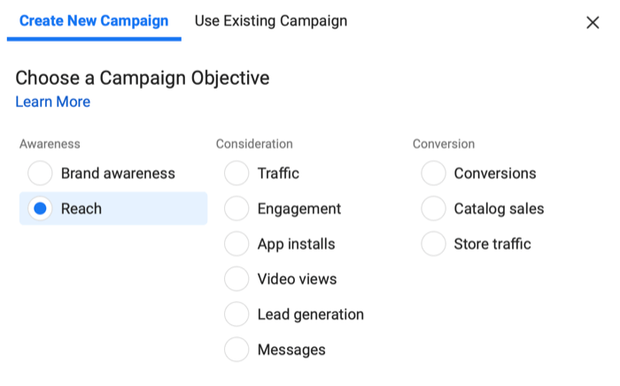 instagram creează un nou meniu de campanie cu obiectivul de acoperire selectat sub conștientizare