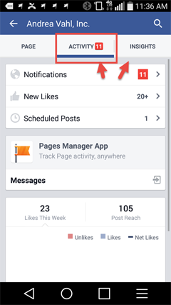 vizualizați notificările paginii din aplicația Facebook