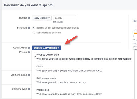 selecție de optimizare a conversiei anunțurilor pe Facebook