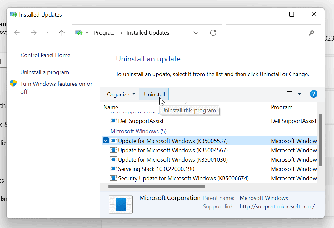 dezinstalați actualizarea cumulativă Windows 11