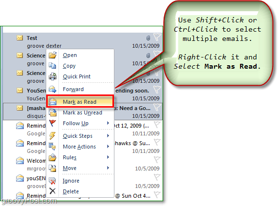 selectați mai multe e-mailuri și marcați mai multe e-mailuri ca fiind citite sau necitite în Outlook Office 2010