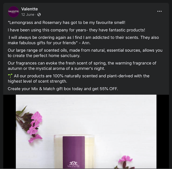 postare pe facebook de la valentte care arată o altă tehnică testimonială pentru uleiurile parfumate