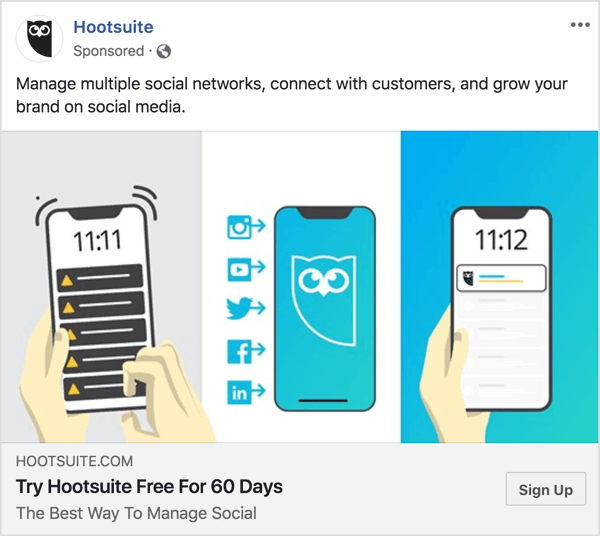 Mesageria din anunțul Facebook Hootsuite este clară și concisă. 