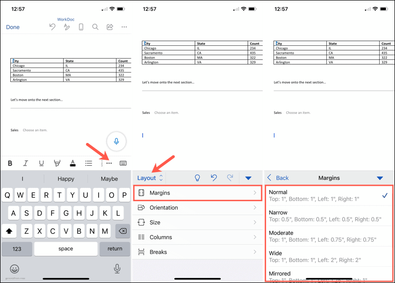 Modificați marginile din Word pe mobil