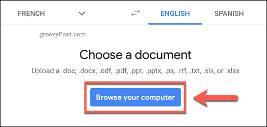 Butonul Căutați computerul dvs. pe site-ul web Google Translate