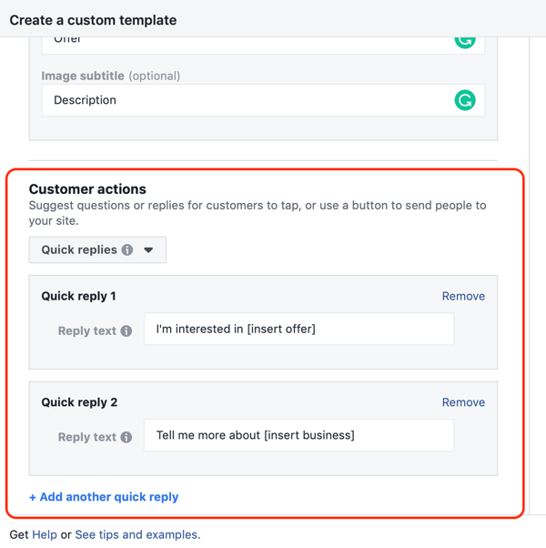 Cum să vizați clienții potențiali calzi cu anunțurile Facebook Messenger, pasul 13, opțiunea de eșantion de acțiuni ale șablonului personalizat de destinație Messenger