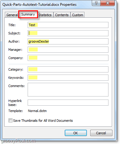 fila rezumat vă permite să editați proprietățile avansate ale documentului în Word 2010