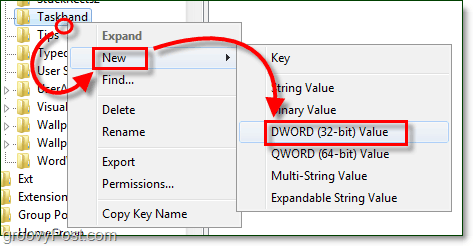 creați dword bandul de activități în Windows 7