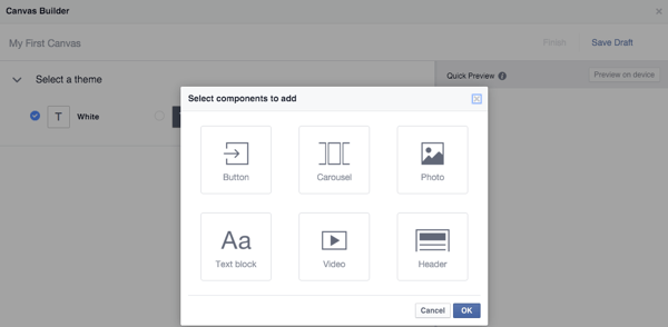 Tipuri de componente pentru facebook canvas builder