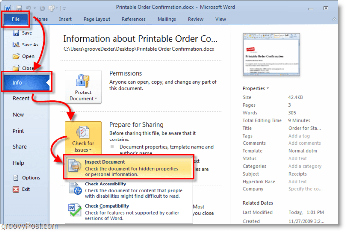 cum să accesezi inspectorul de documente în Microsoft Office 2010
