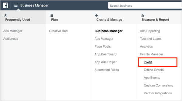Pentru a instala pixelul Facebook, deschideți Business Manager și selectați Pixeli. 