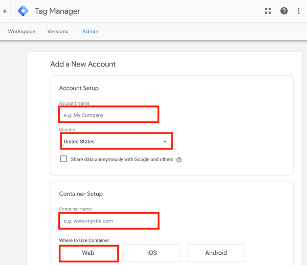 Utilizați Google Tag Manager cu Facebook, pasul 1, setarea pentru a adăuga un nou cont Google Tag Manager