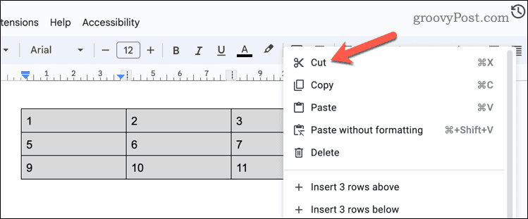Tăierea unui tabel în Google Docs
