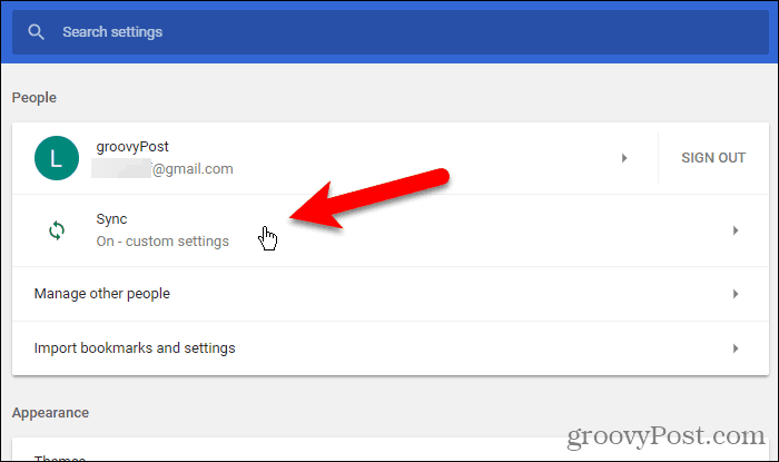 Faceți clic pe Sincronizare în Setări în Chrome pentru Windows
