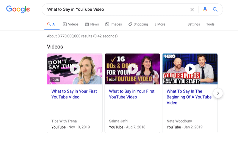 captură de ecran a unei căutări pe Google pentru ce să spunem în videoclipul de pe YouTube cu rezultatele căutării video notate